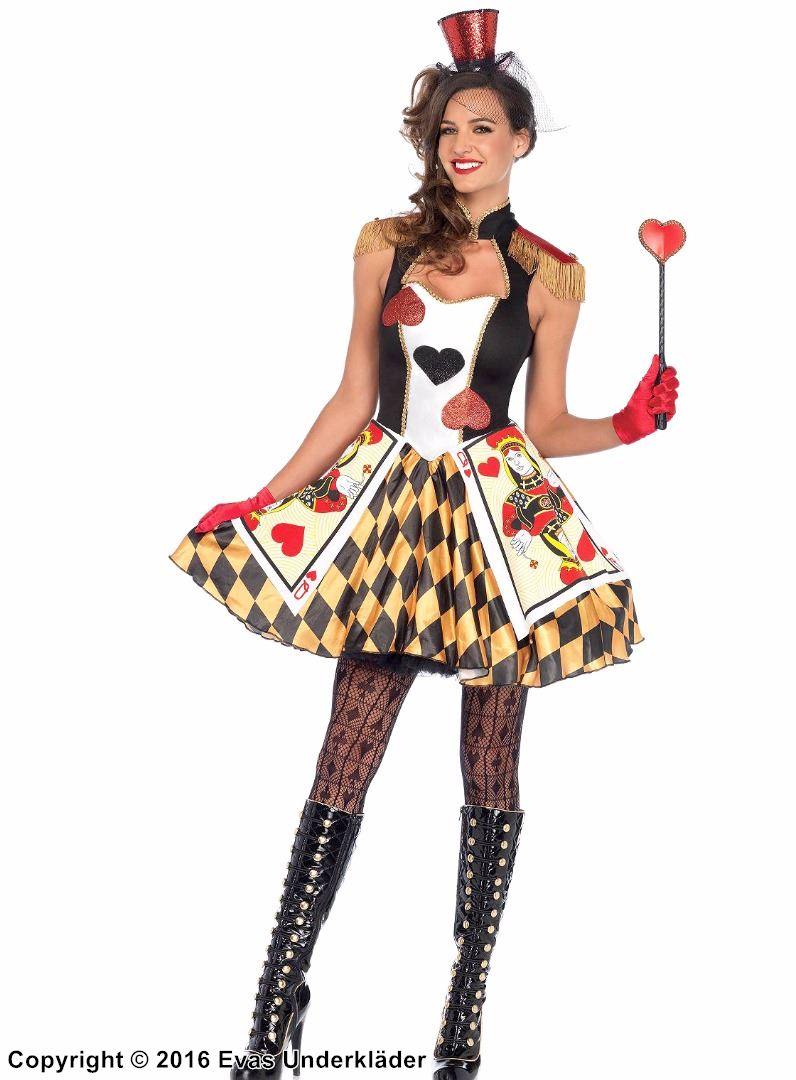 Female Queen's card guard from Alice in Wonderland, costume dress, glitter, epaulette, hearts